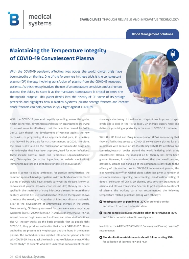 Storage and transport of convalescent plasma